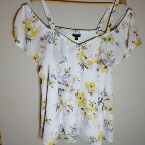 WHITE FLORAL GEORGETTE FIT & FLARE COLD SHOULDER TOP - Picture 2 of 4